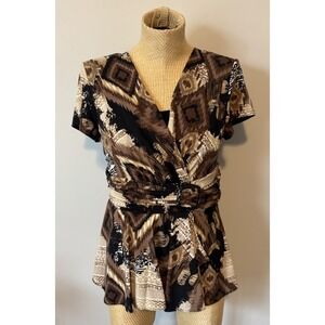 Vintage Y2K R&M Richards‎ Top Women's 10 Printed Belted Flowy Babydoll Brown